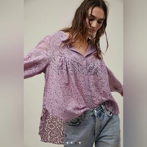 Free People Out West Lilac Rose Size Small Lace Button Up Blouse